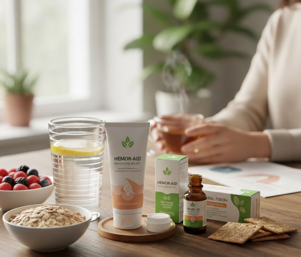 Ubat Buasir Berdarah di Farmasi: Solusi Terbaik untuk Buasir yang Mengalami Pendarahan 3 Ubat buasir berdarah di farmasi bersama makanan berserat dan minuman untuk rawatan berkesan.