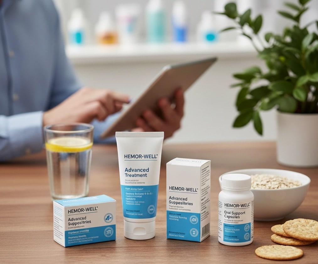 Pelbagai ubat buasir berkesan yang terdapat di farmasi, dipaparkan bersama air dan makanan berserat untuk gaya hidup sihat.