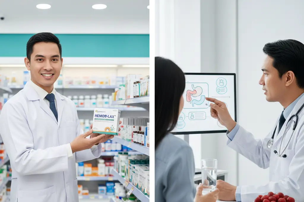 Seorang doktor tentang ubat sembelit dewasa kepada seorang wanita di farmasi